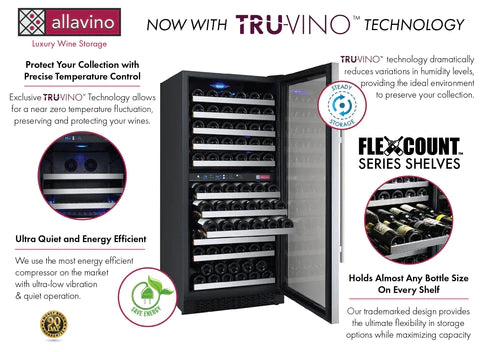 Allavino 24" Wide FlexCount II Tru-Vino 121 Bottle Dual Zone Stainless Steel Right Hinge Wine Refrigerator