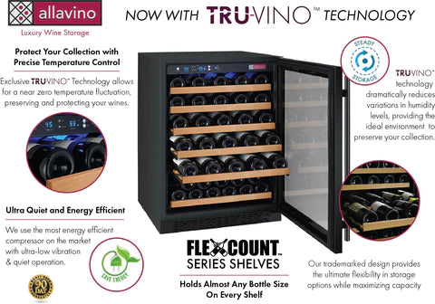 Allavino 24" FlexCount II Tru-Vino 56 Bottle Single Zone Black Right Hinge Wine Refrigerator