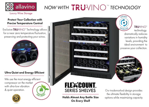 Allavino 24" Wide FlexCount II Tru Vino 56 Bottle Dual Zone Stainless Steel Left Hinge Wine Refrigerator