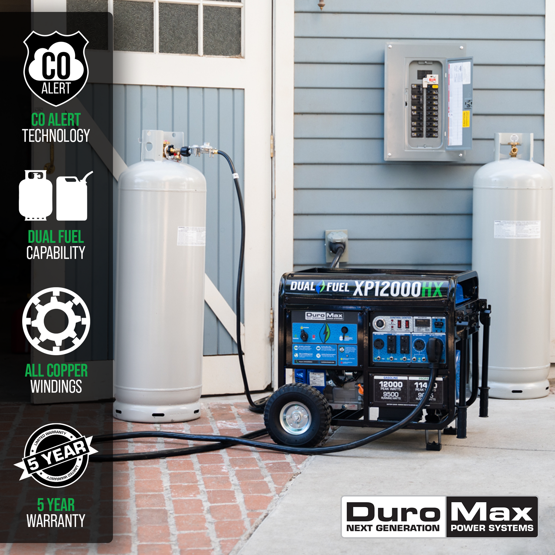 DuroMax 12,000 Watt Dual Fuel Portable HX Generator w/ CO Alert  XP12000HX