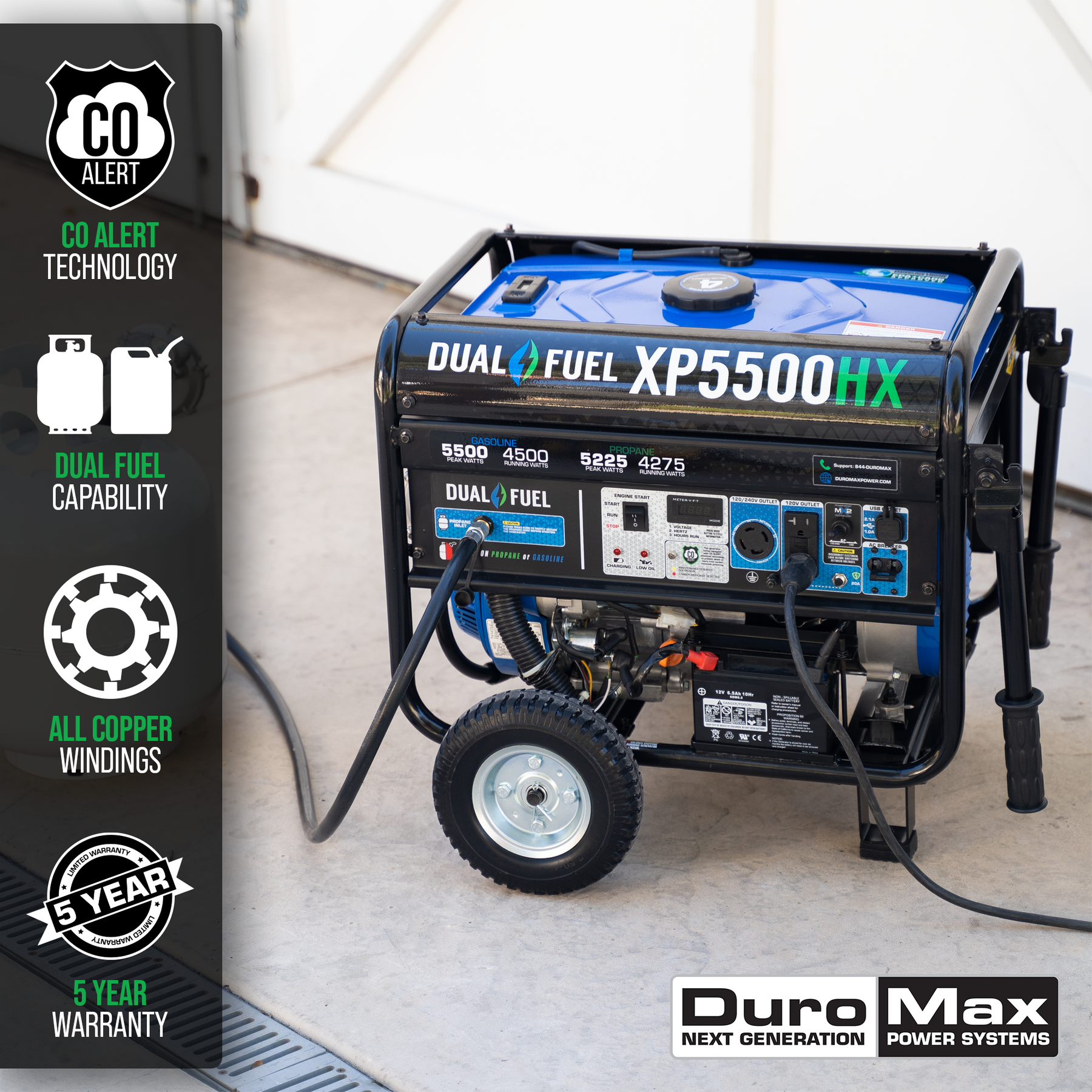 DuroMax 5,500 Watt Dual Fuel Portable HX Generator w/ CO Alert XP5500HX