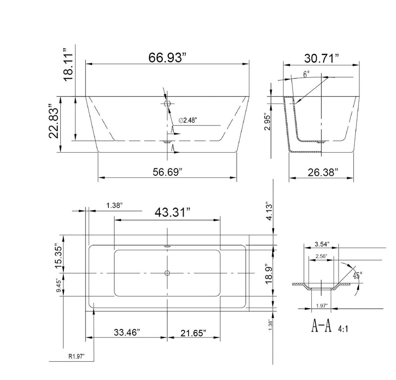 Empava-67FT1516 67 in. Freestanding Soaking Bathtub