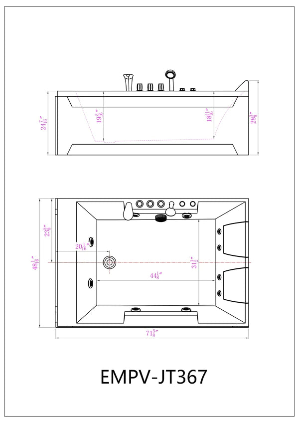 Empava-72JT367LED 72 in. Whirlpool Luxury 2-Person Hydromassge Bathtub