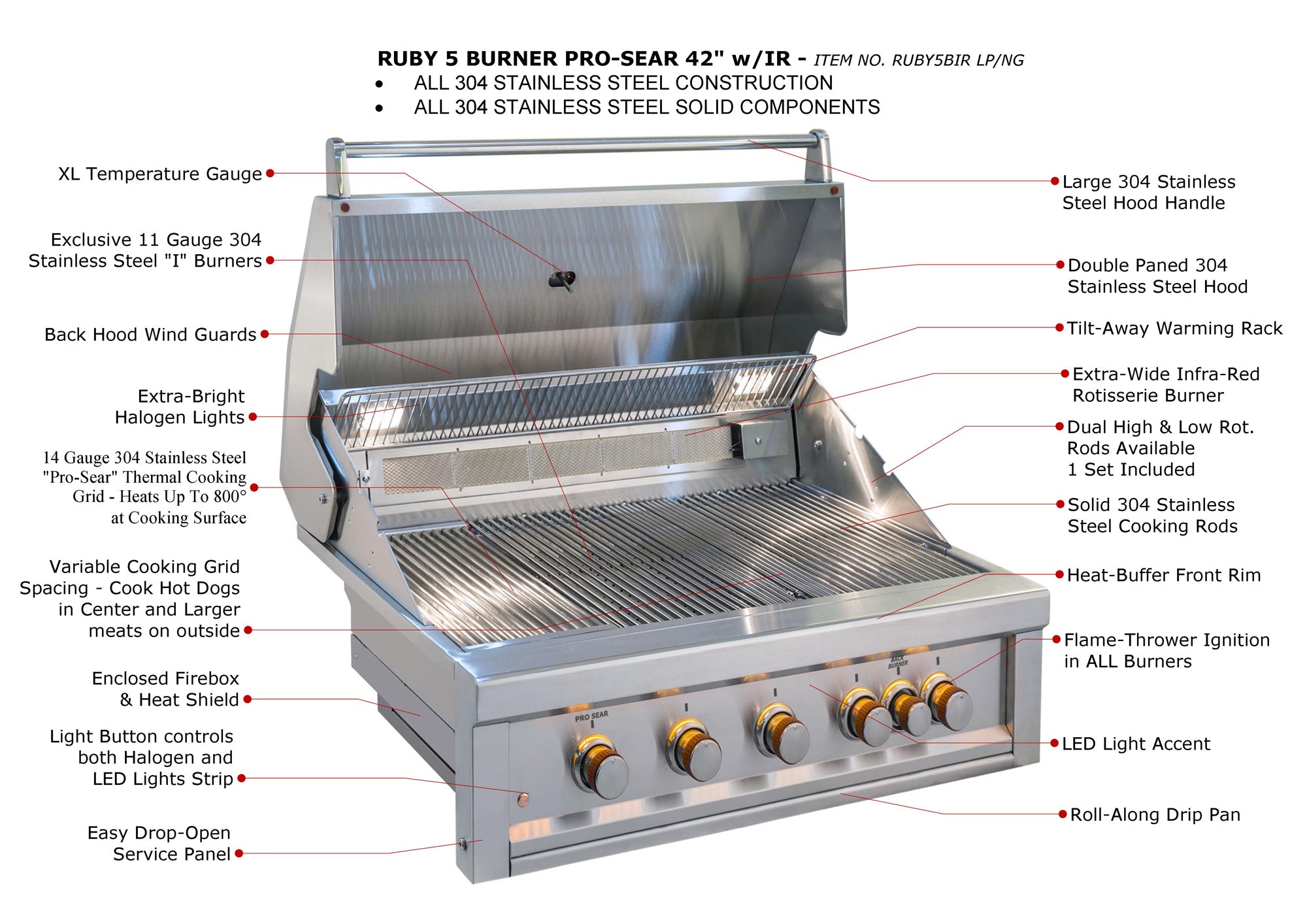 Sunstone Ruby 42-Inch 5-Burner Built-In Natural Gas Grill With Pro-Sear And Rotisserie